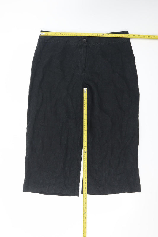 Marks and Spencer Women Black Linen Cropped Wide-Leg Trousers UK 16 Long