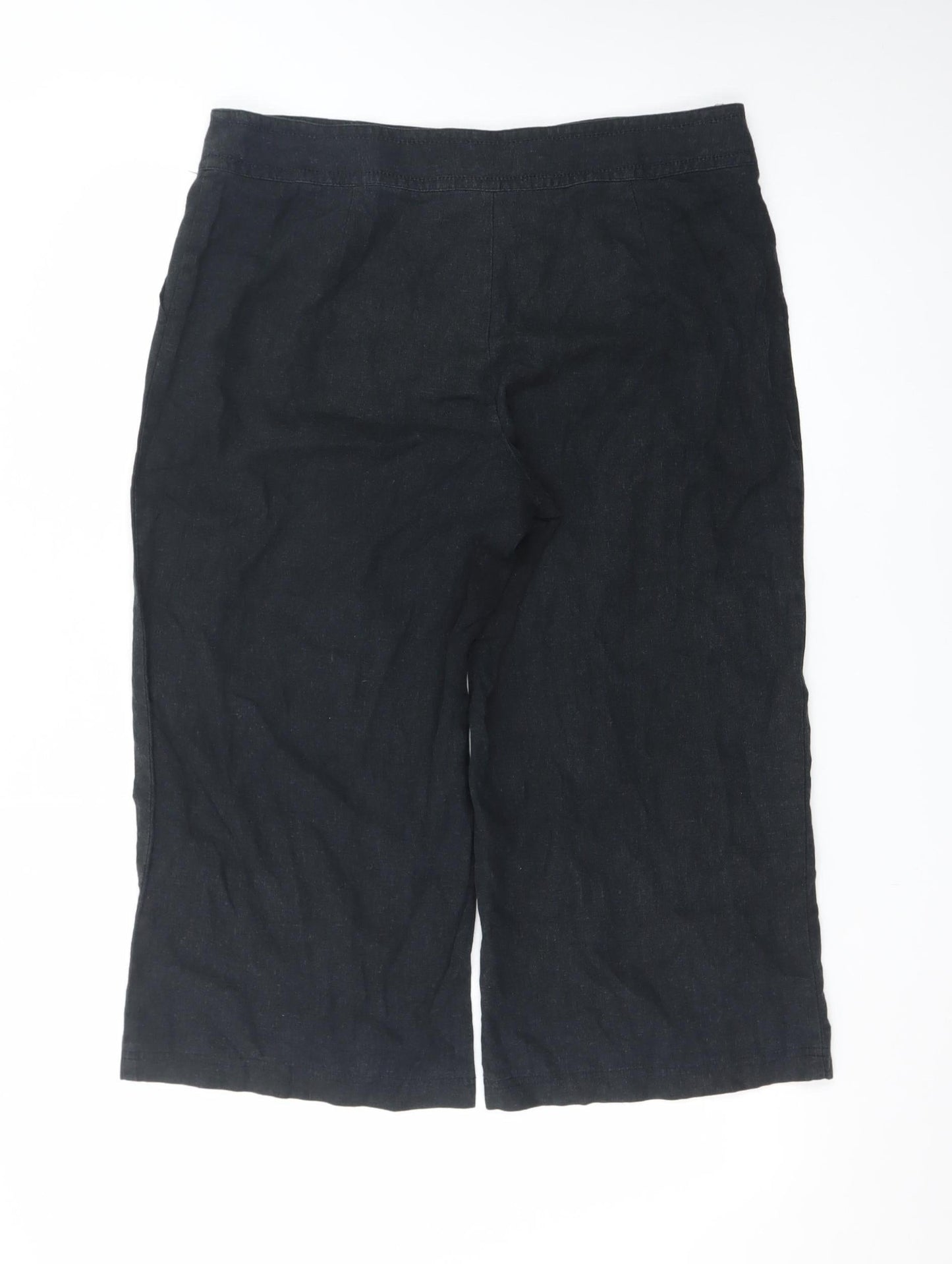Marks and Spencer Women Black Linen Cropped Wide-Leg Trousers UK 16 Long