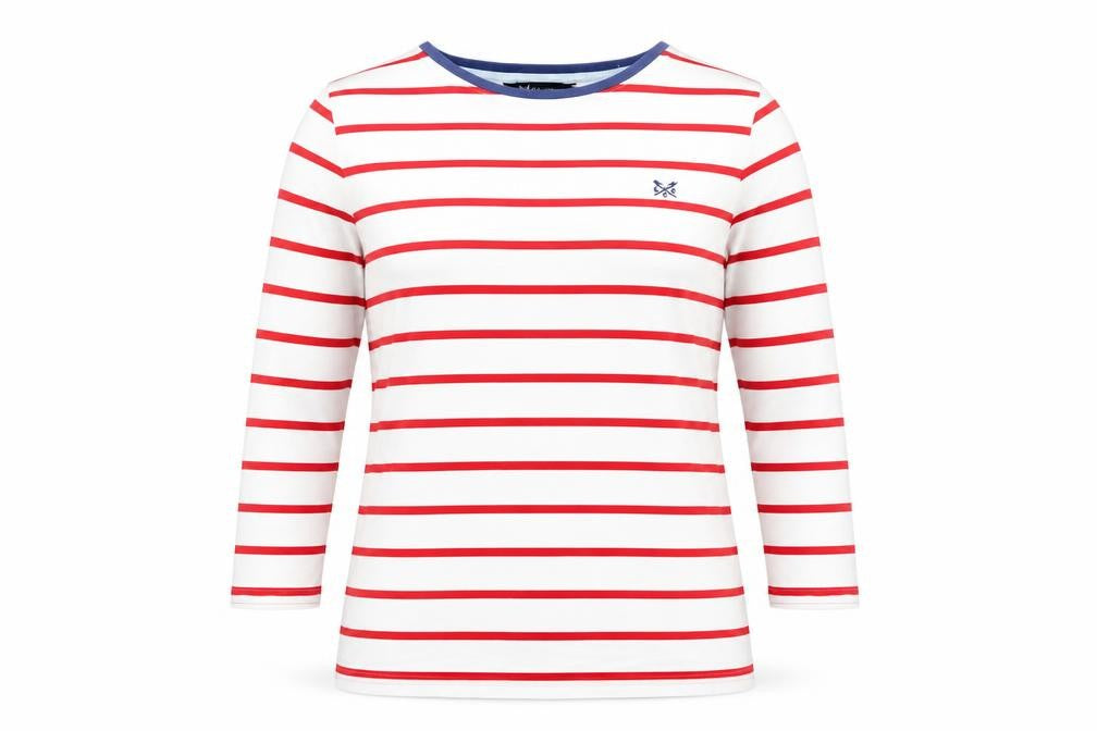 Front view of Crew Clothing Women's White Striped 3/4 Sleeve Cotton T-Shirt, size 10