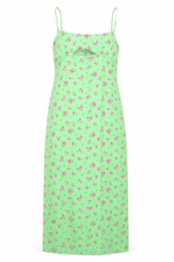 Front view of ASOS Women Green Floral Slip Dress, size 10, Sleeveless Midi
