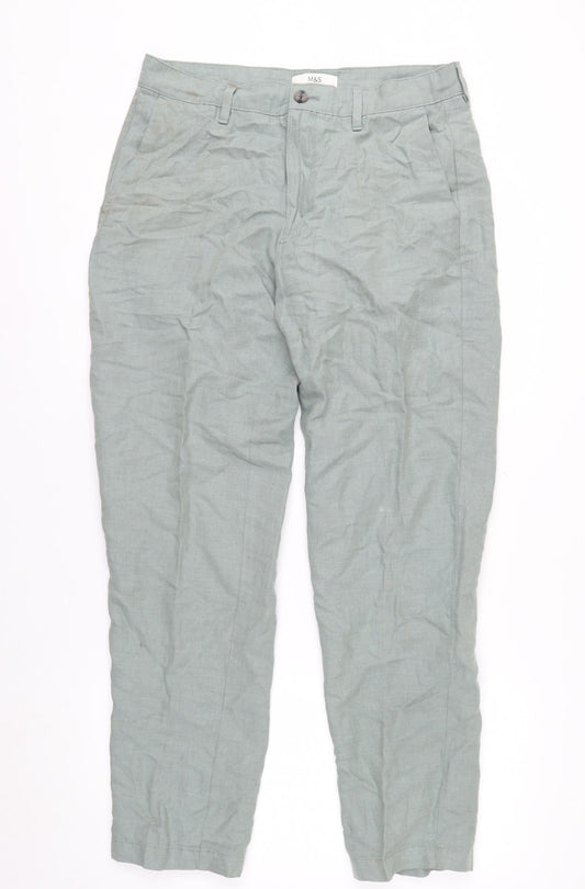 Marks and Spencer Men's Green Linen Blend Chino Trousers 32W 31L