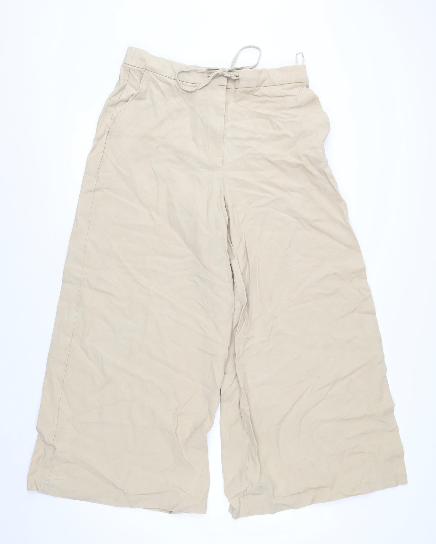 Marks and Spencer Women's Beige Wide-Leg Cropped Drawstring Trousers Size 14