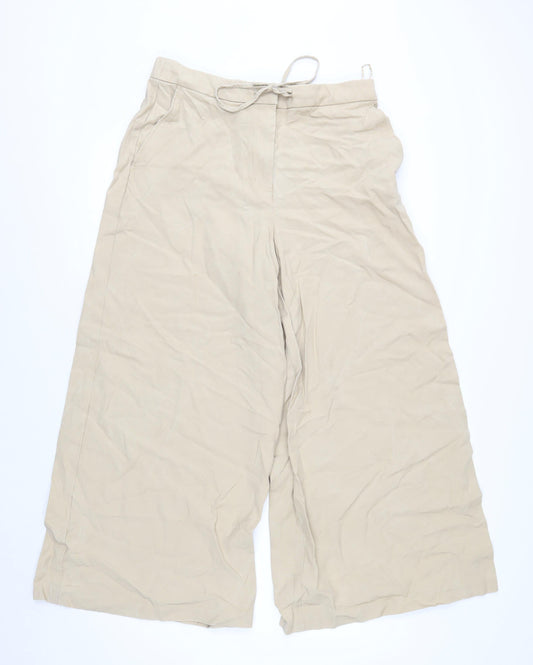 Marks and Spencer Women's Beige Wide-Leg Cropped Drawstring Trousers Size 14