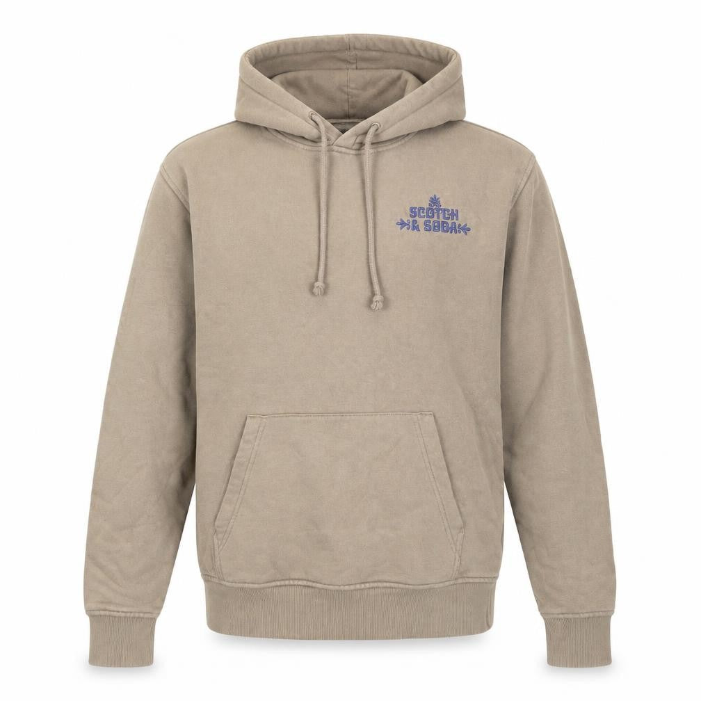 Scotch & Soda Men's Beige Pullover Hoodie S Graphic Logo Fleece