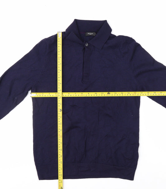 Paul Smith Men's Blue Merino Wool Collared Henley Jumper M