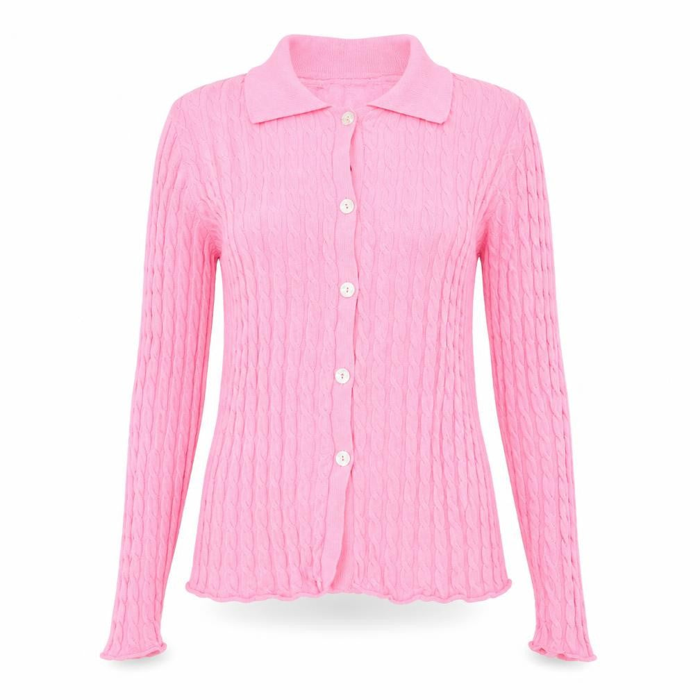 Zara Women Pink Cotton Button-Up Collared Knit Top Size S