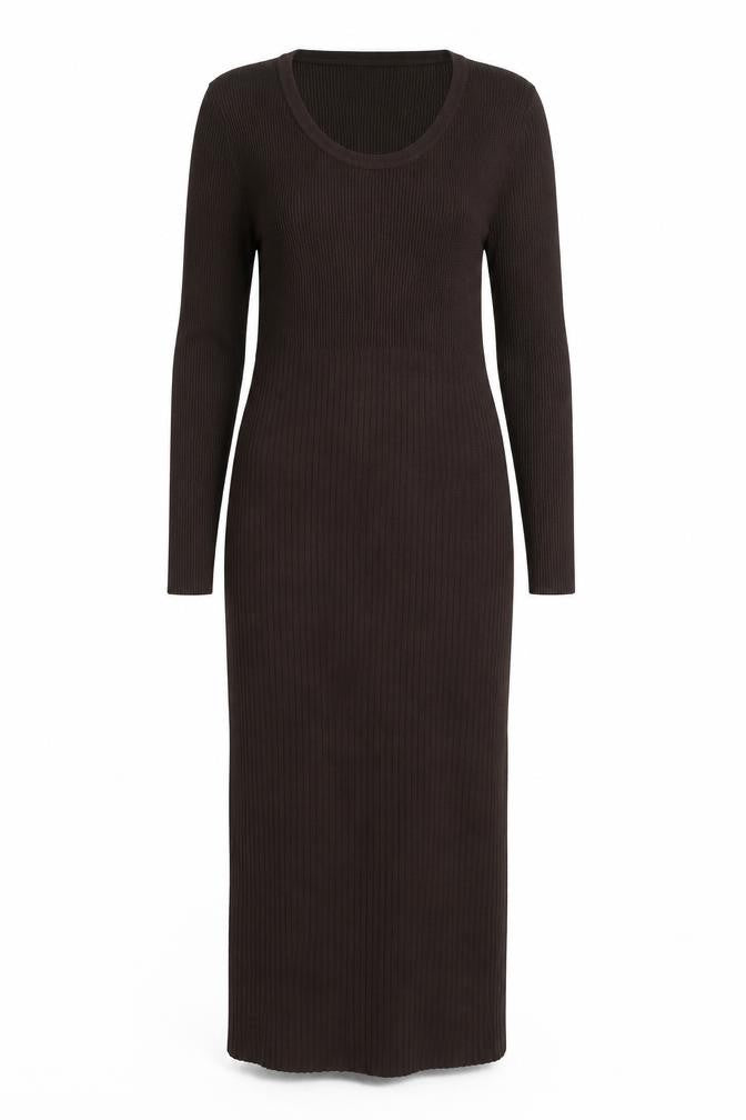Sonsandar Women Brown Ribbed Knit Midi Bodycon Dress Size 12