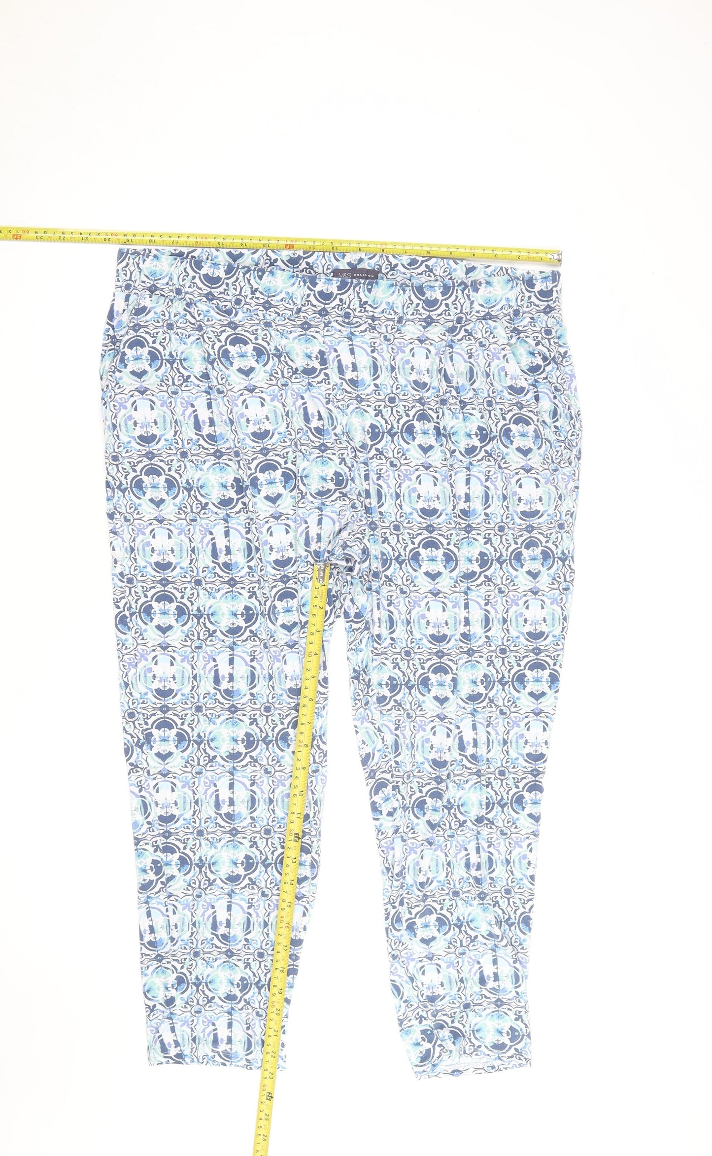 Marks and Spencer Women Blue Geometric Cropped Stretch Trousers Size 20