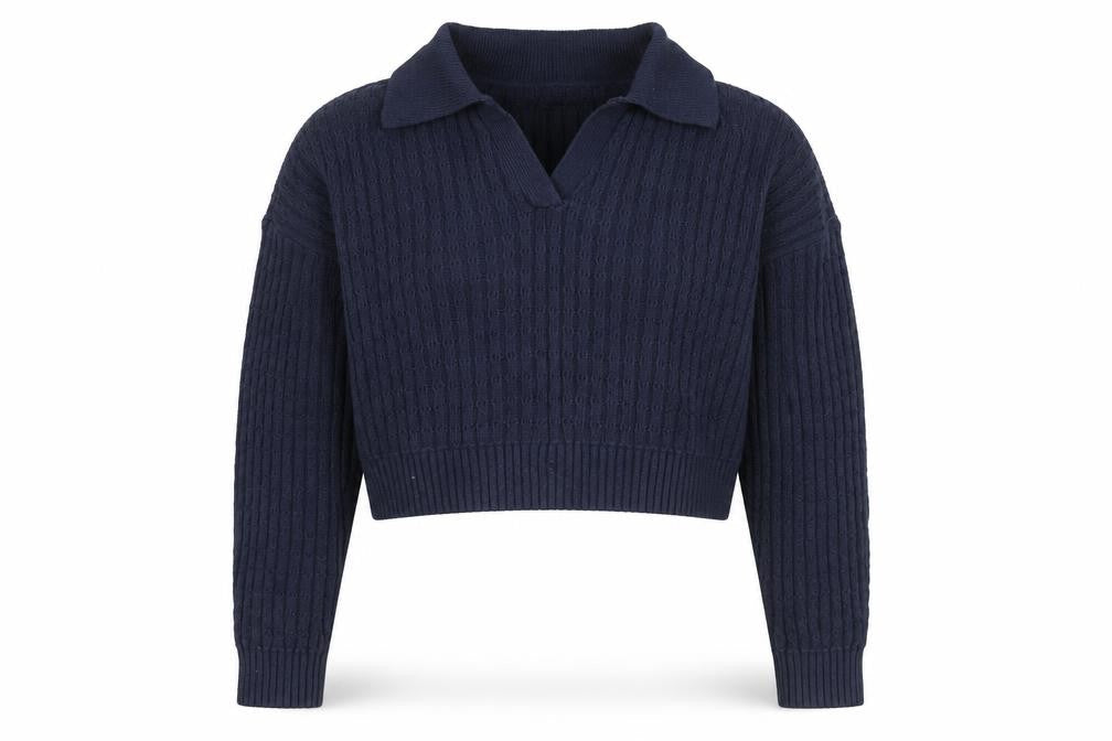 Hollister Women's Blue Collared Cable-Knit Pullover Jumper M