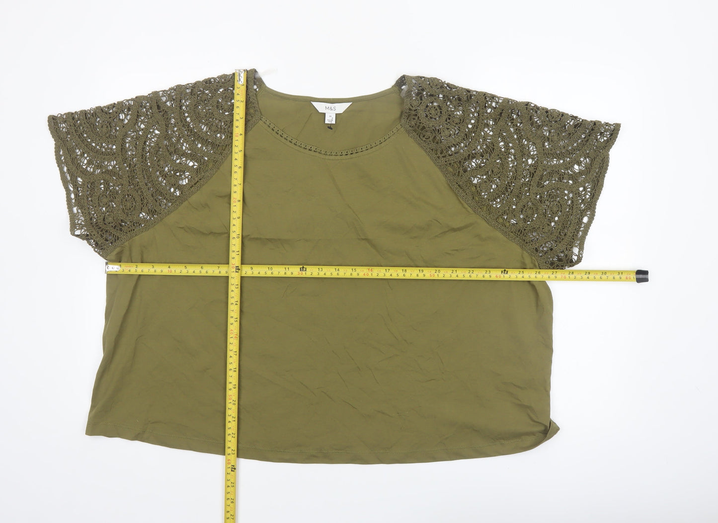 Marks and Spencer Women's Green Crochet Sleeve Cotton T-Shirt Size 24