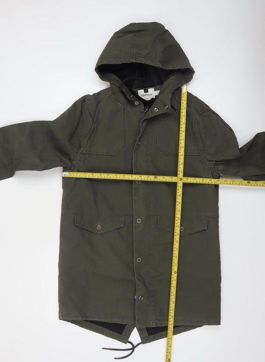 Topman Men's Green Cotton Parka Jacket Coat M Hooded Casual Mid-Length