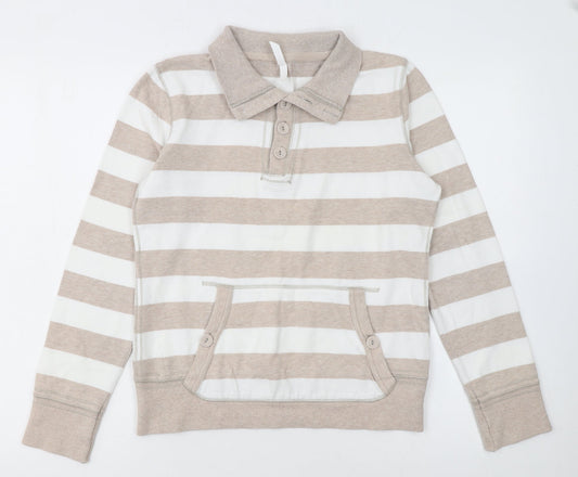 Marks and Spencer Women Beige Striped Henley Sweatshirt UK 10 Cotton