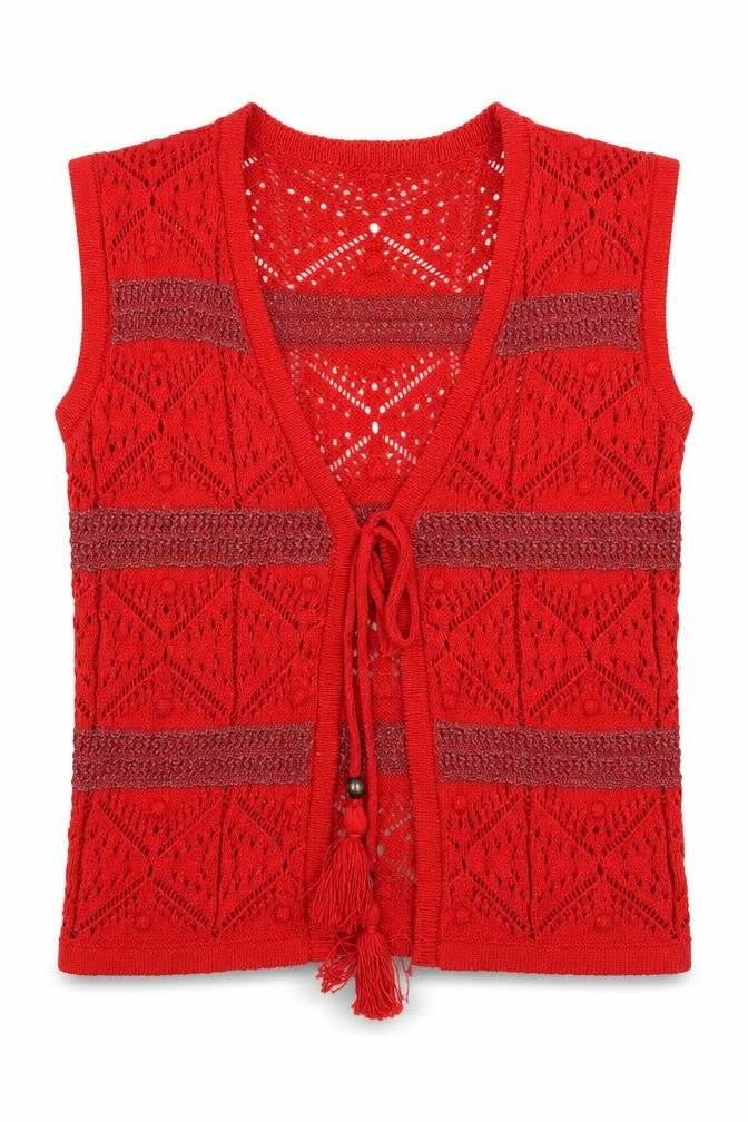 Marks & Spencer Women Red Crochet Open Knit Tassel Vest S