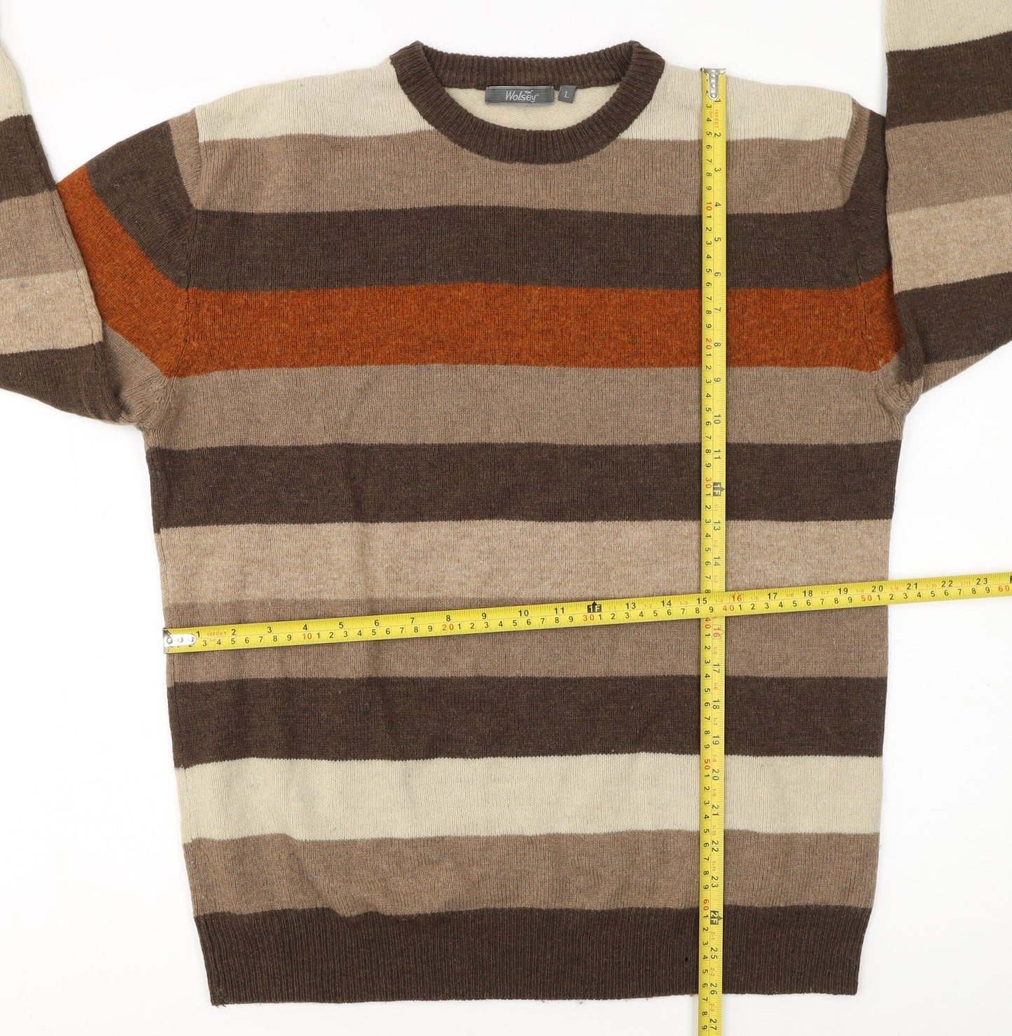 Wolsey Mens Brown Striped Lambswool Crew Neck Jumper Size L