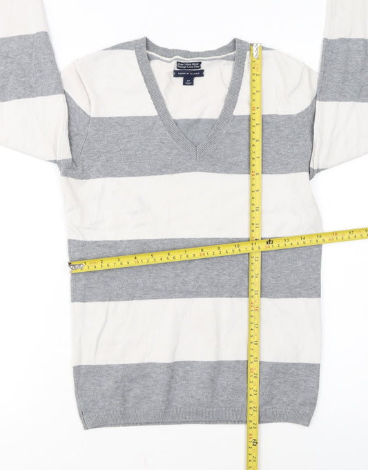 Tommy Hilfiger Men’s Grey Striped V-Neck Cotton Jumper Size S