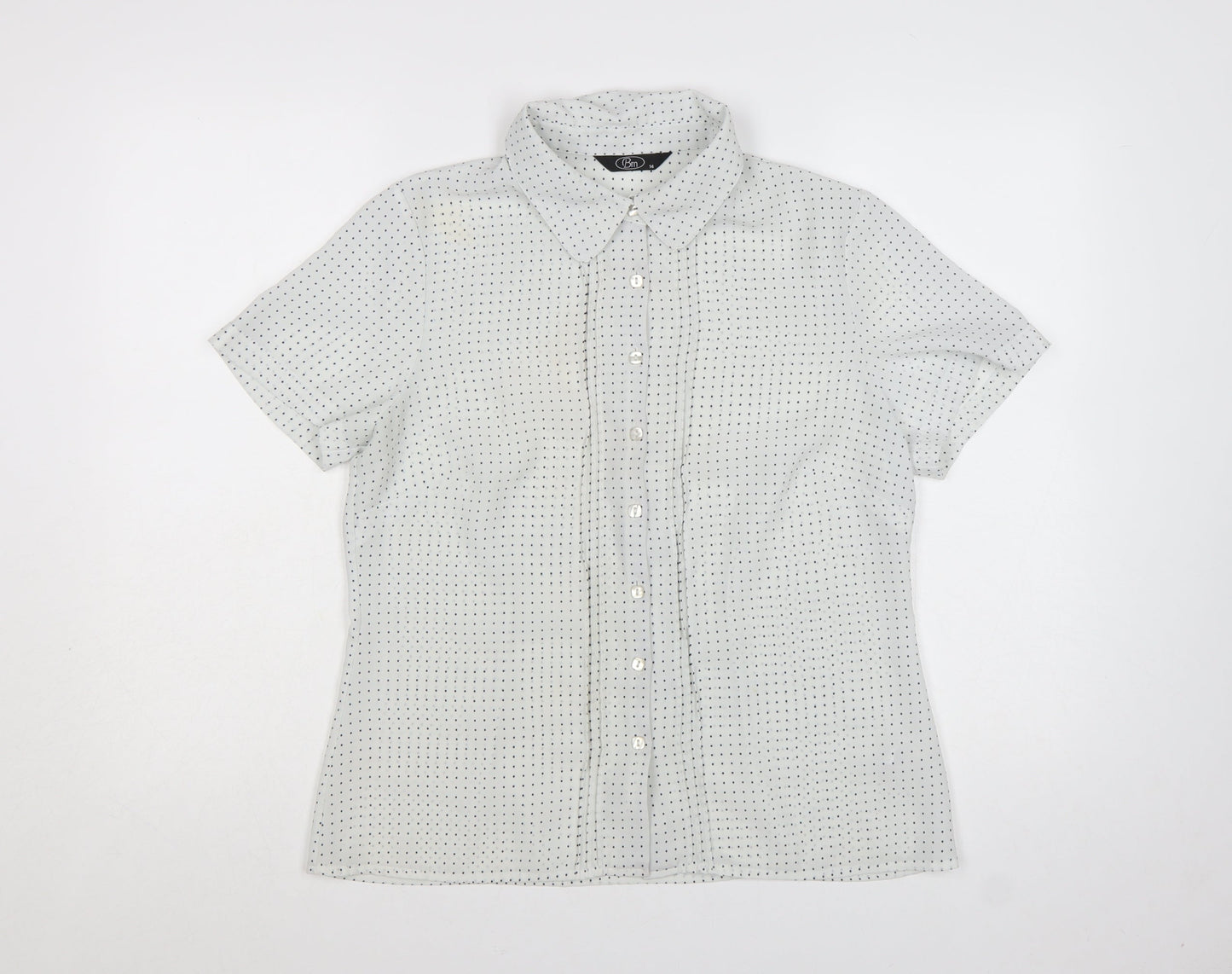 Bm Womens White Polka Dot Short Sleeve Button-Up Blouse Size 14