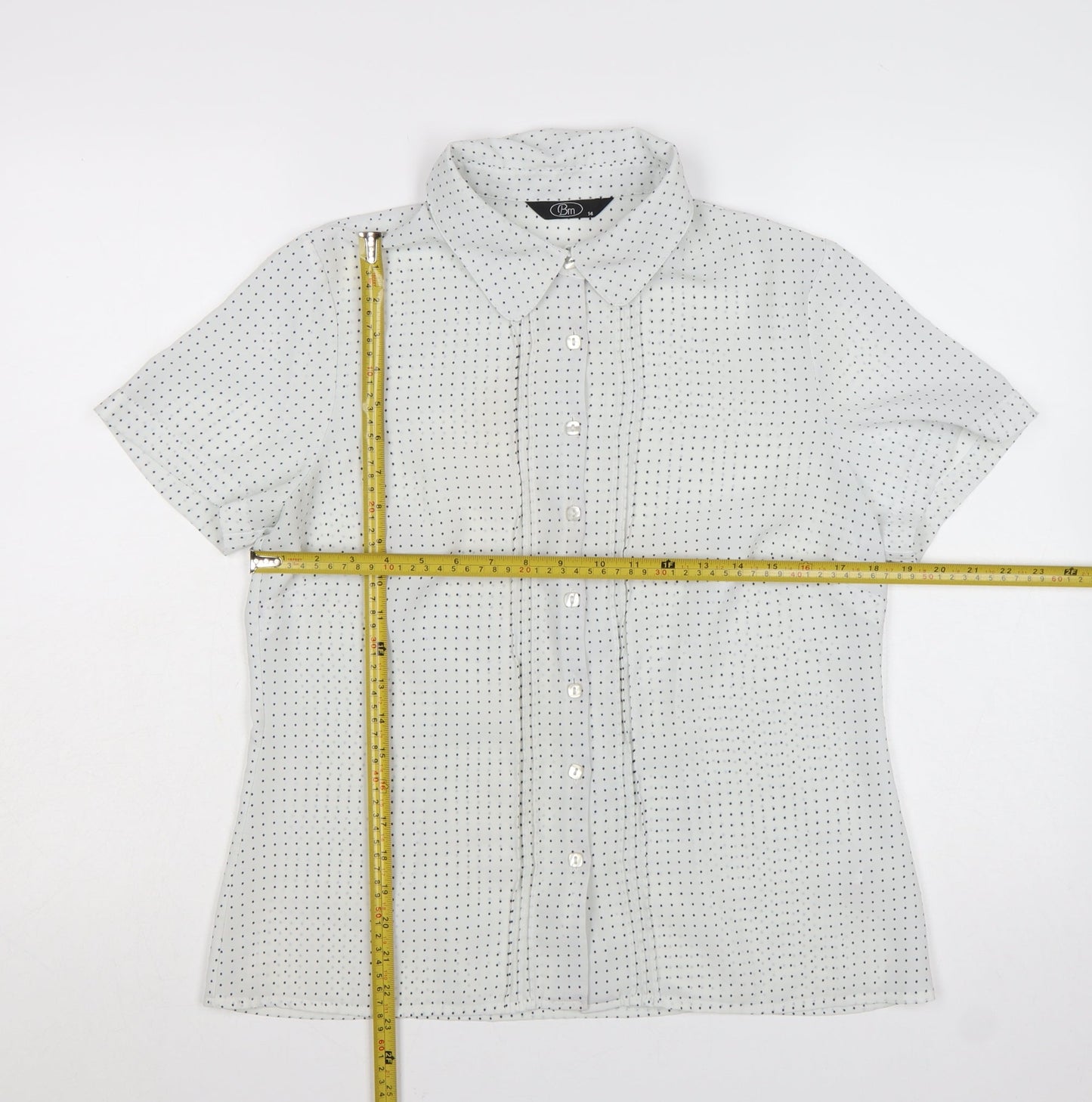 Bm Womens White Polka Dot Short Sleeve Button-Up Blouse Size 14