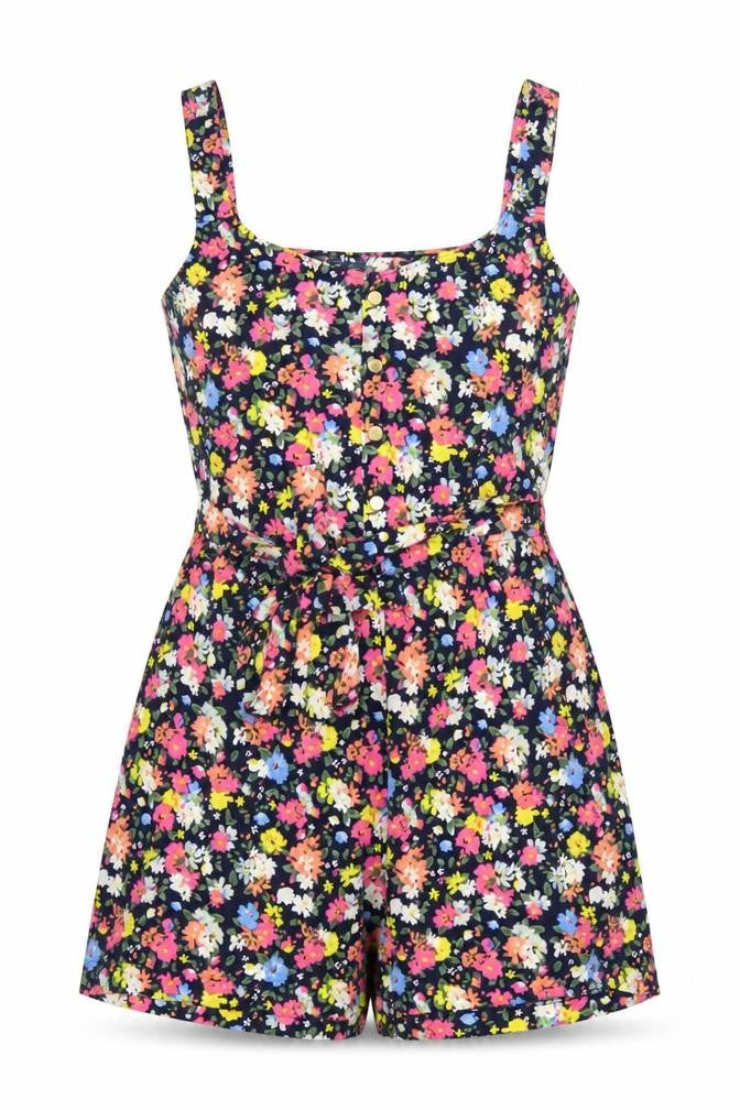 Front view of Dunnes Women's Navy Floral Playsuit Small Polyester Blend