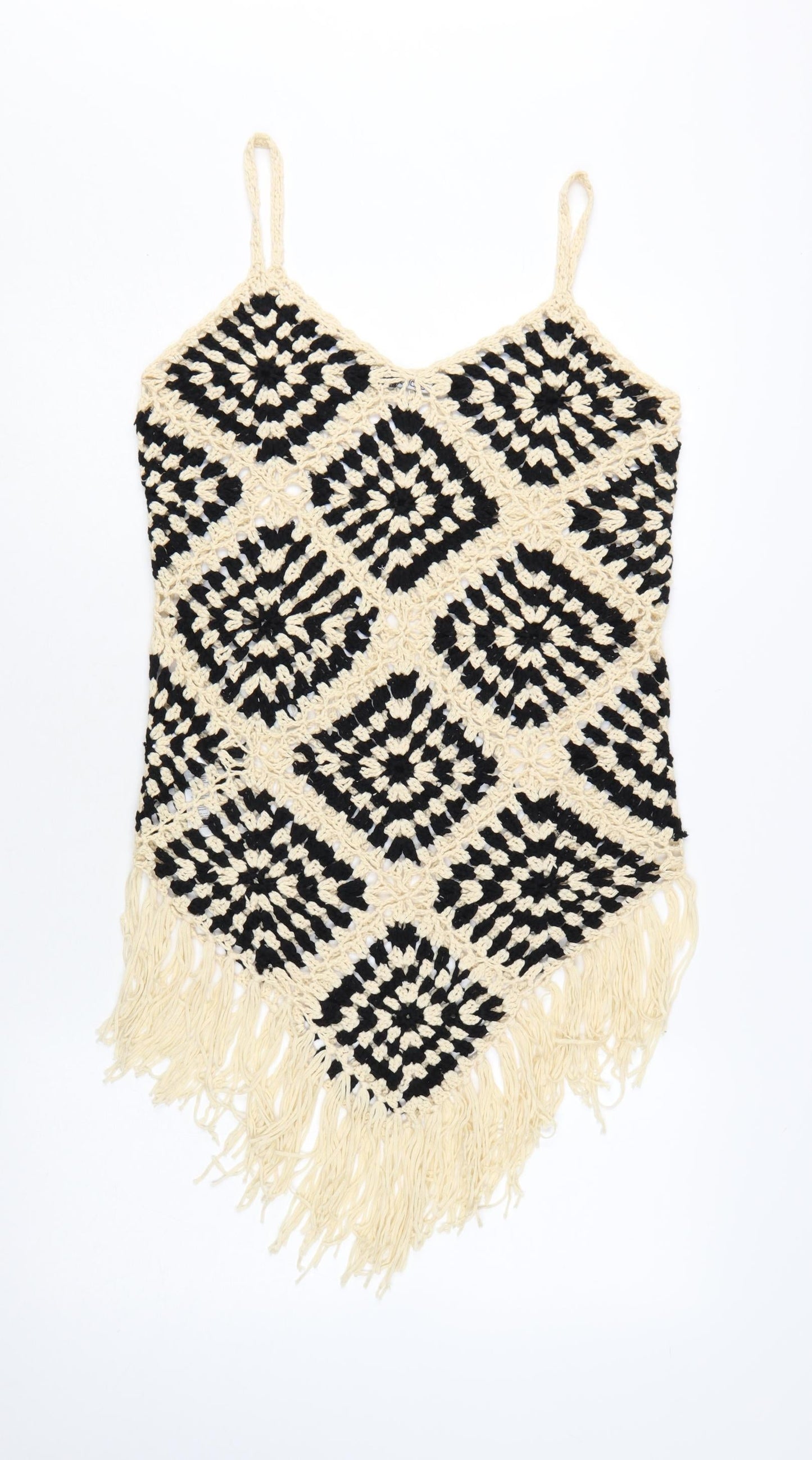 Boohoo Women's Black Beige Crochet Fringe Camisole Top Size L