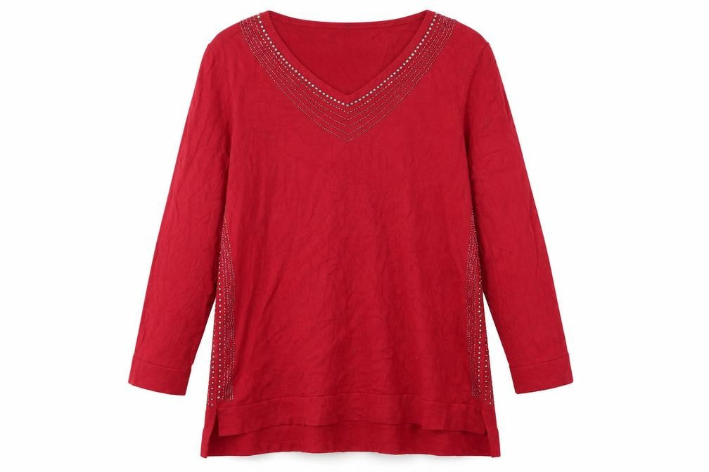 Klass Women Red 2XL V-Neck Rhinestone Long Sleeve Pullover Jumper