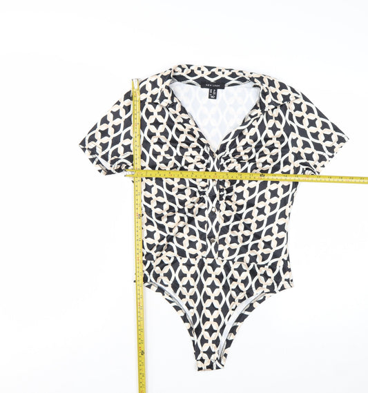 New Look Women's Black Geometric Collared Bodysuit Size 10