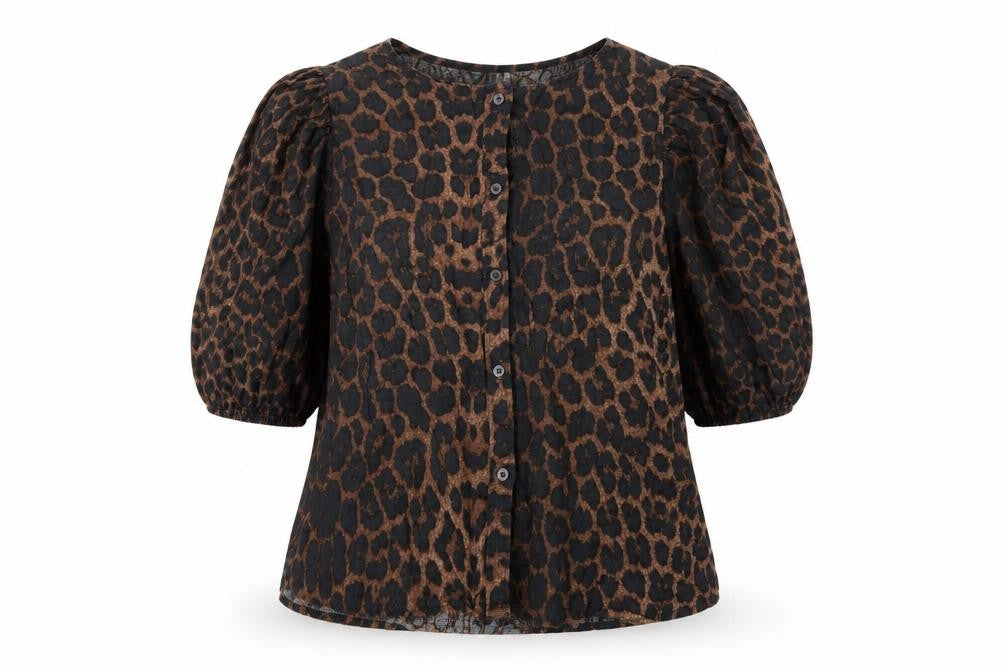 H&M Women’s Brown Leopard Print Linen Blend Puff Sleeve Blouse Size 14