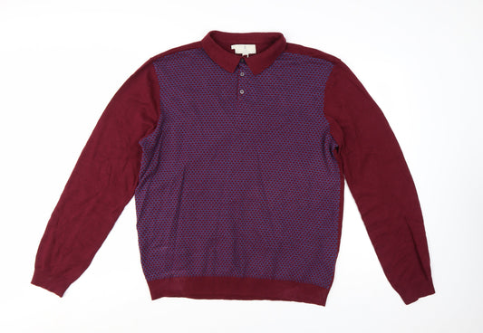 2nd Chapter Men's Red Cotton Collared Henley Jumper XL Long Sleeve Knit