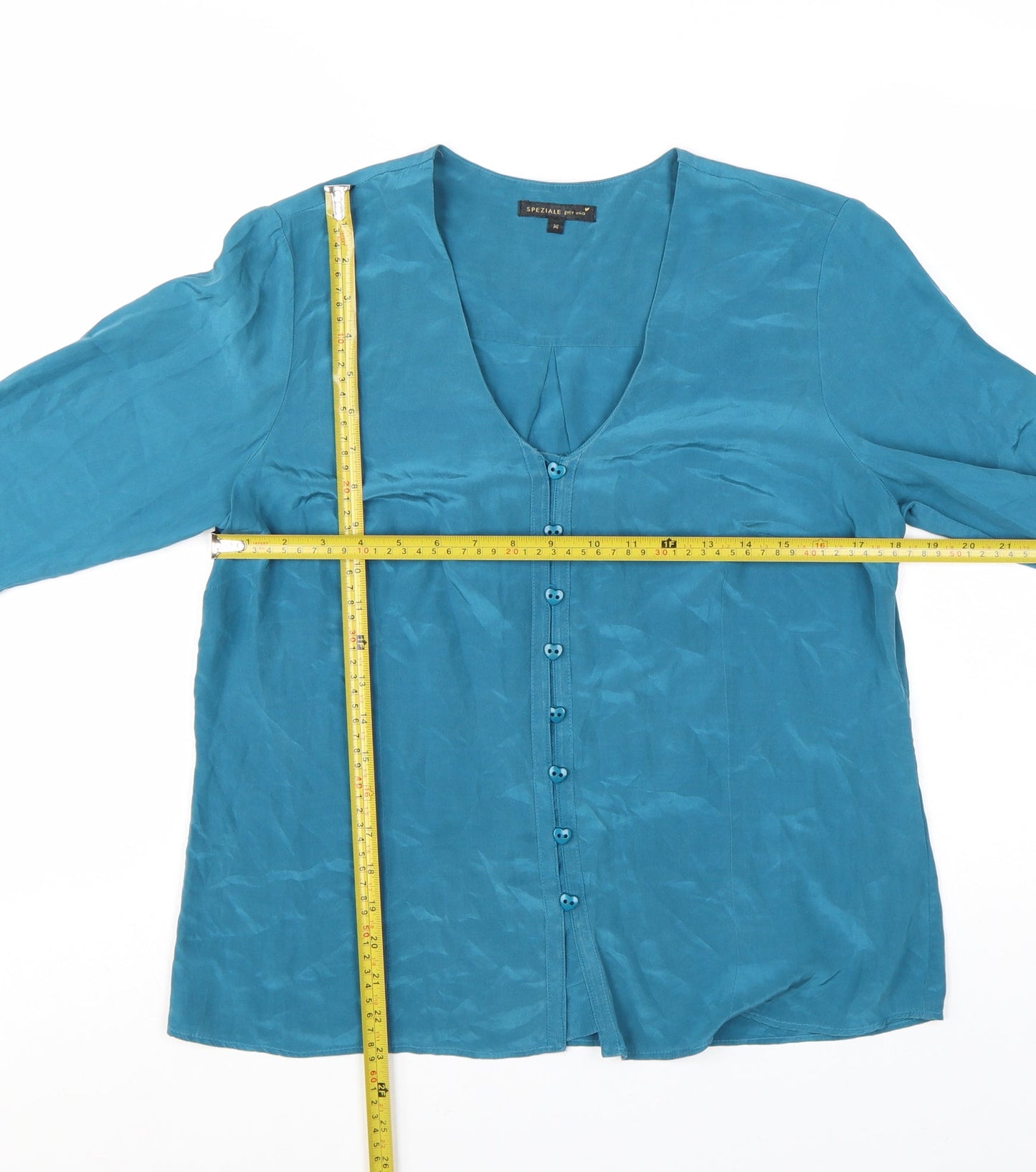 Marks and Spencer Per Una Blue Silk Long Sleeve V-Neck Blouse Size 14