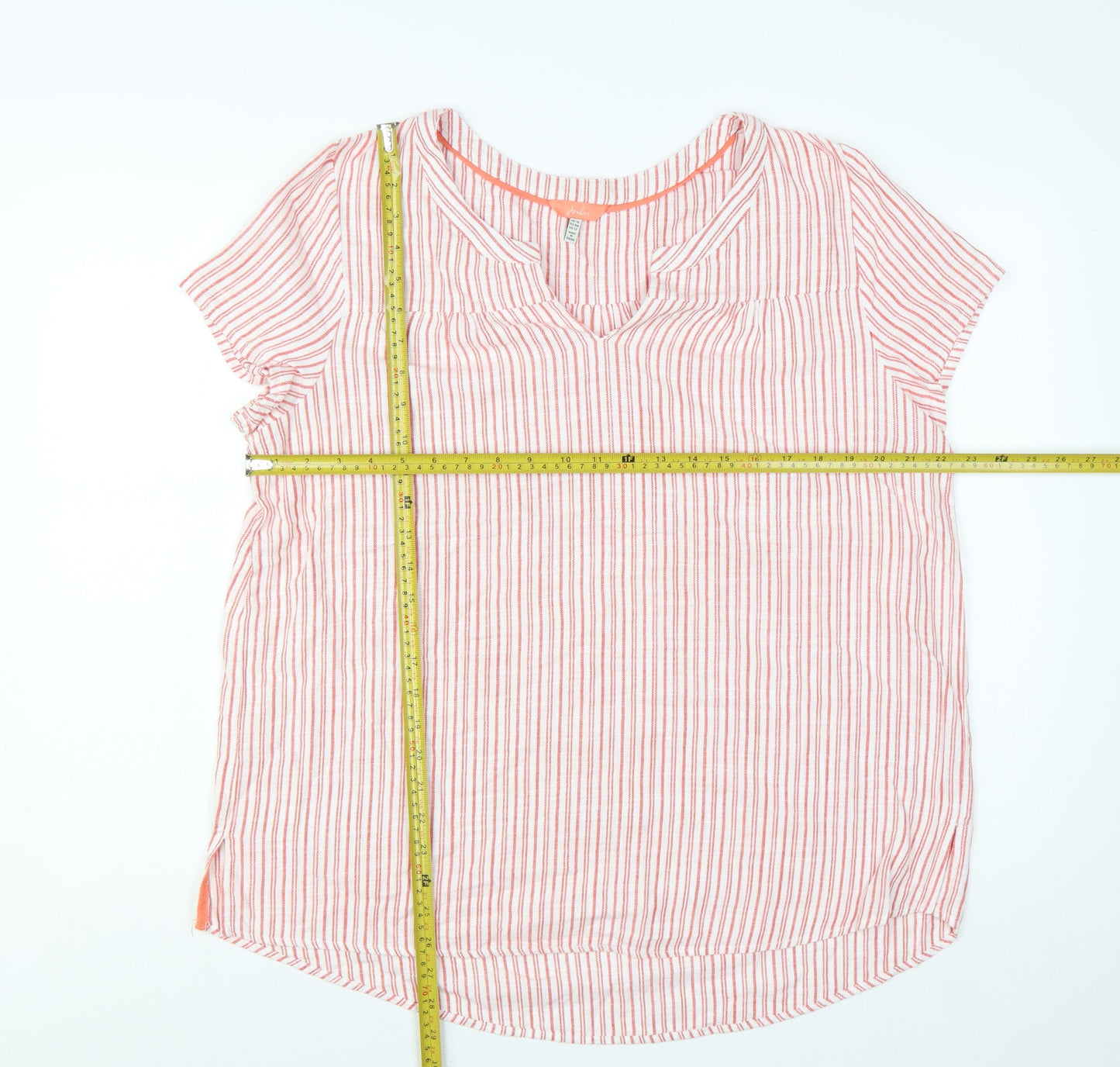 Joules Womens Pink White Striped Cotton V-Neck Blouse Size 16