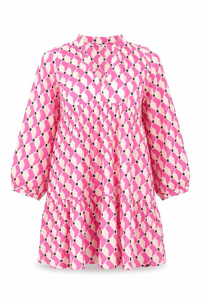 ZARA Women Pink Geometric Smock Dress Size 14 3/4 Sleeve V-Neck