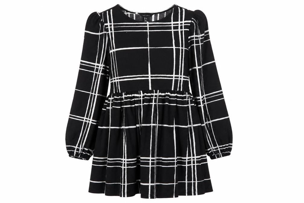 New Look Women Black Check Long Sleeve A-Line Dress Size 12