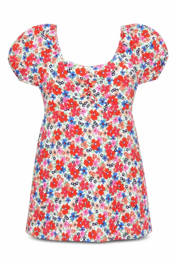 Front view of Papaya Women’s Multicoloured Floral Short Puff Sleeve A-Line Dress, size UK 16