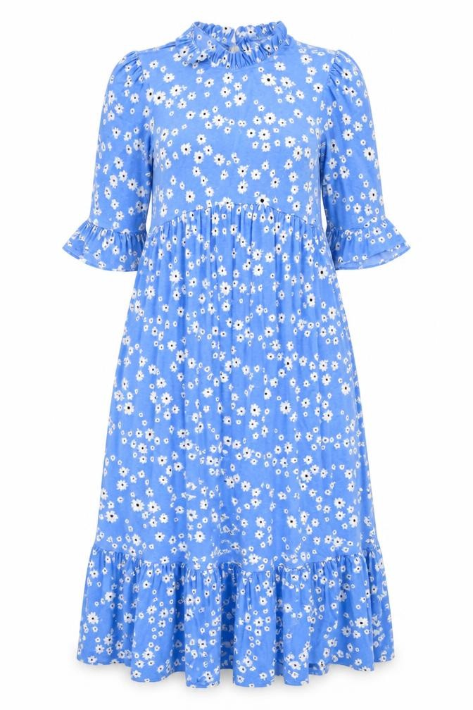 Front view of ASOS Women’s Blue Floral Midi Fit & Flare Dress, size UK 12