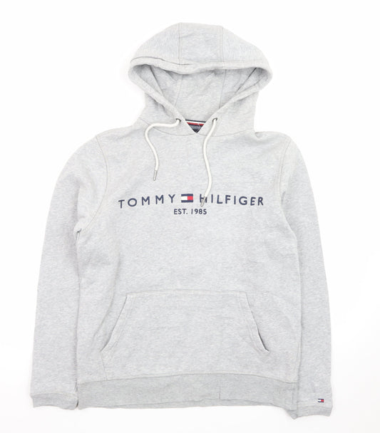 Tommy Hilfiger Men’s Grey Pullover Hoodie S Logo Fleece Sweatshirt