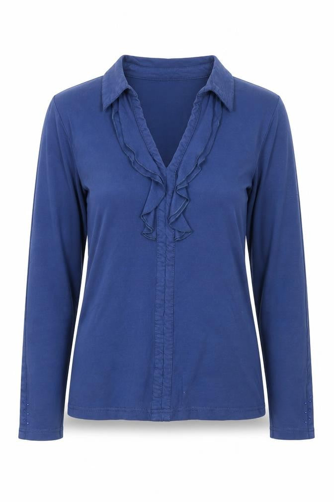 Oscar B. Women’s Blue Ruffle Long Sleeve Cotton Blend Blouse Size S