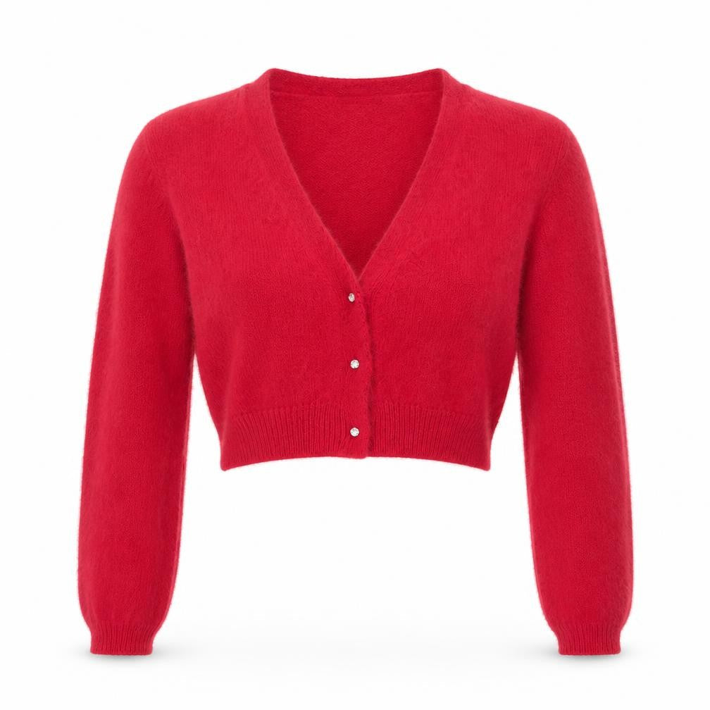 United Colors of Benetton Women Red V-Neck Mohair Wool Cardigan Jumper Size 8