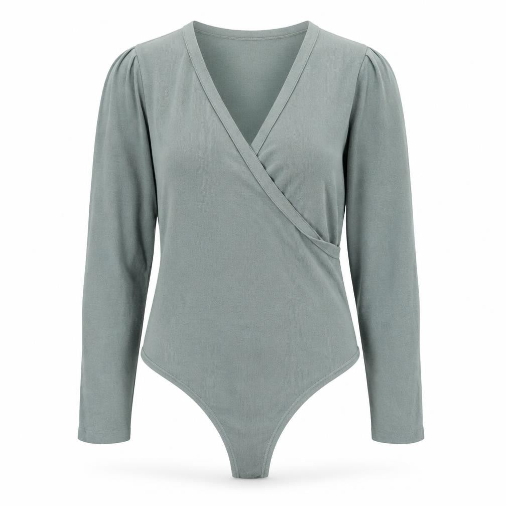 Front view of ASOS DESIGN Women’s Green Wrap Bodysuit UK 20 Curve Long Sleeve Cotton