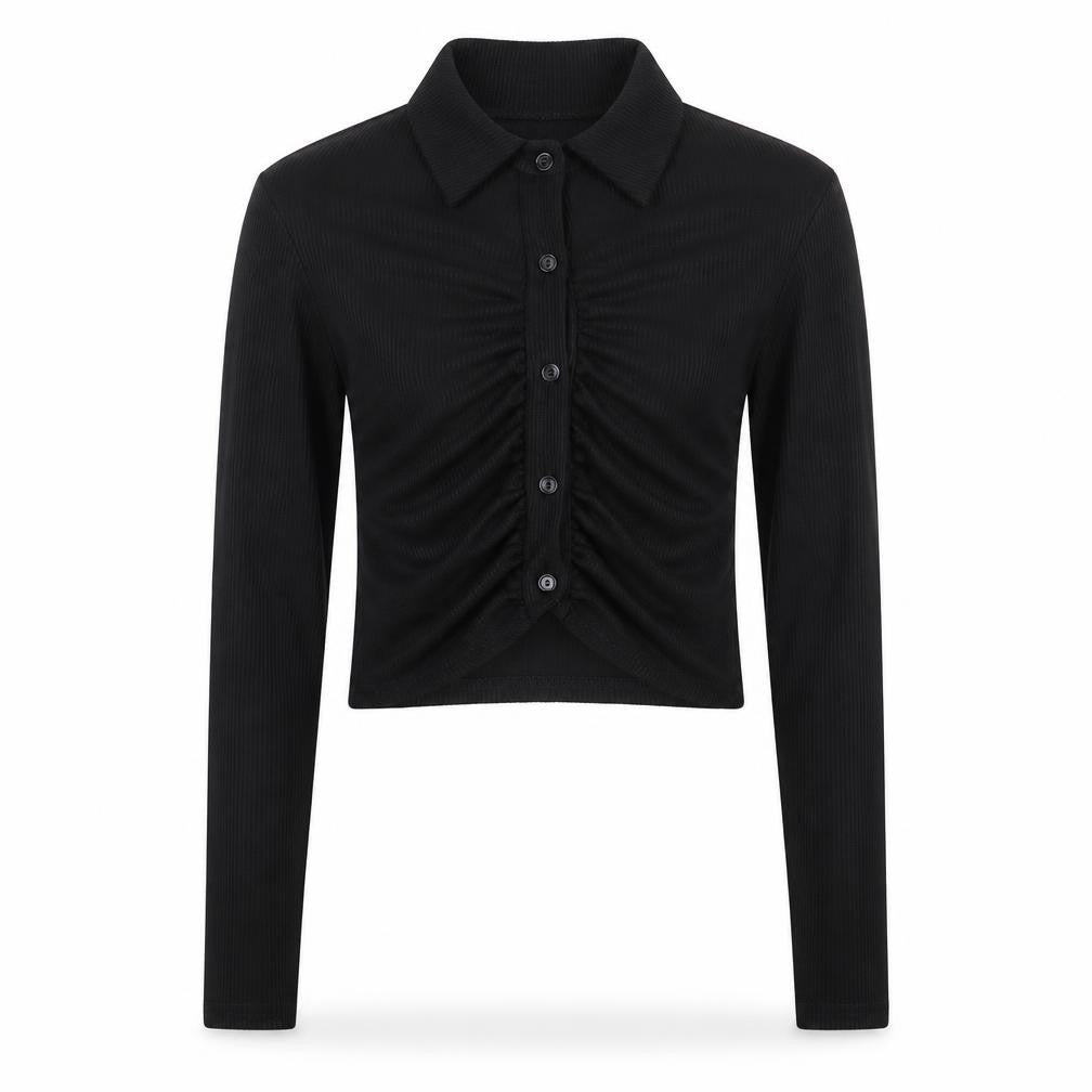 boohoo Womens Black Cropped Button-Up Shirt UK 8 Long Sleeve