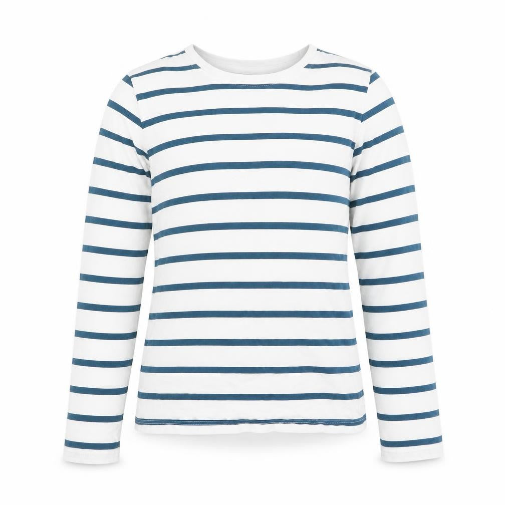 Front view of John Lewis girls’ blue stripe long sleeve cotton t-shirt age 10 years