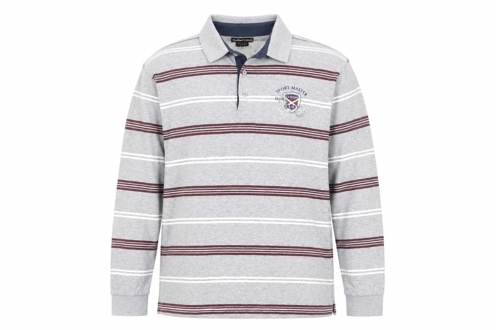 Atlas For Men Grey Striped Long Sleeve Polo Shirt L Regular Fit