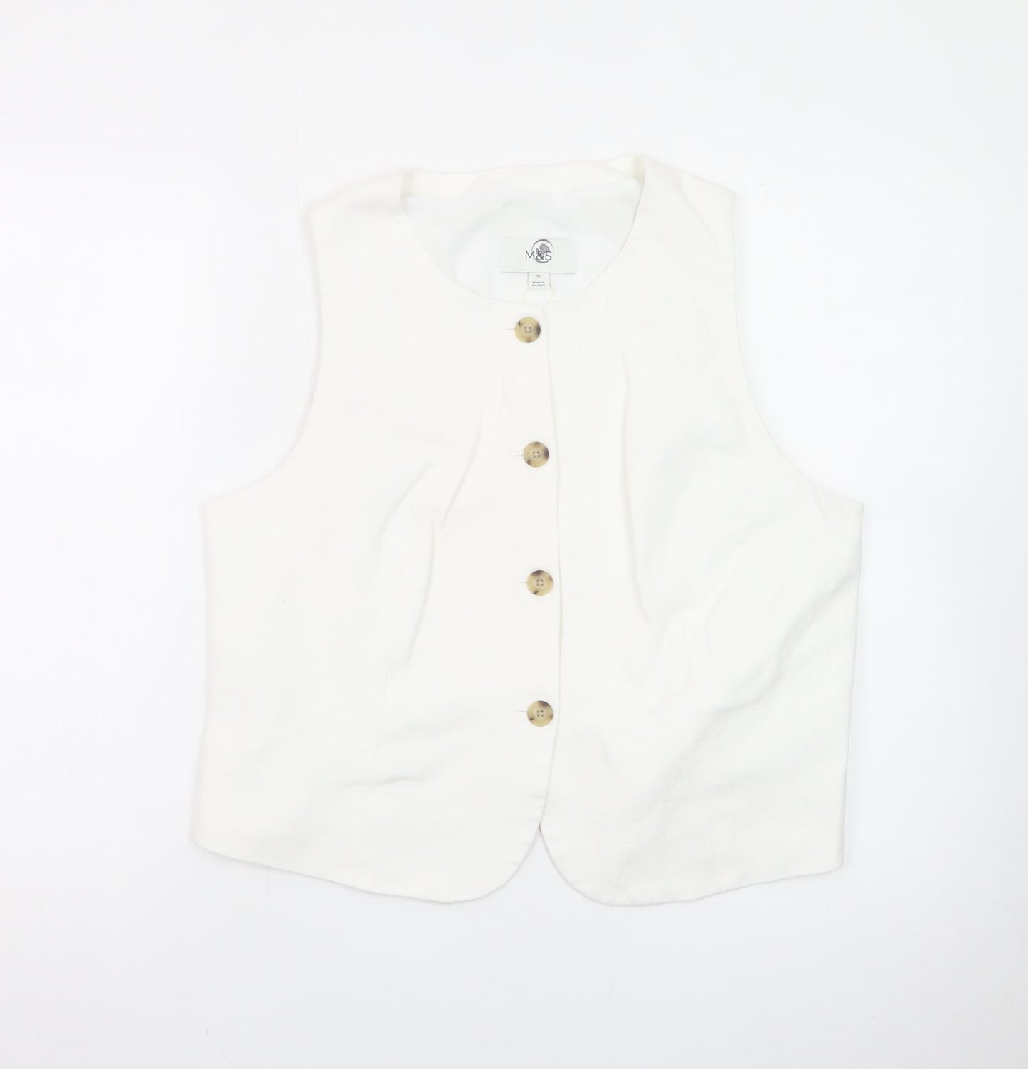 Marks and Spencer Women White Linen Blend Sleeveless Button Blouse Size 16