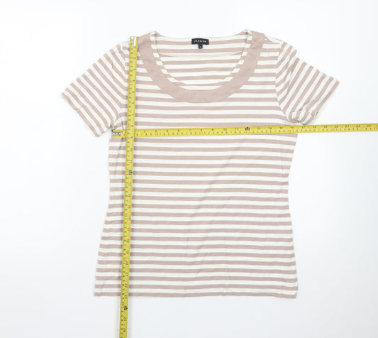 Jaeger Women Beige Striped Cotton Short Sleeve Basic T-Shirt M
