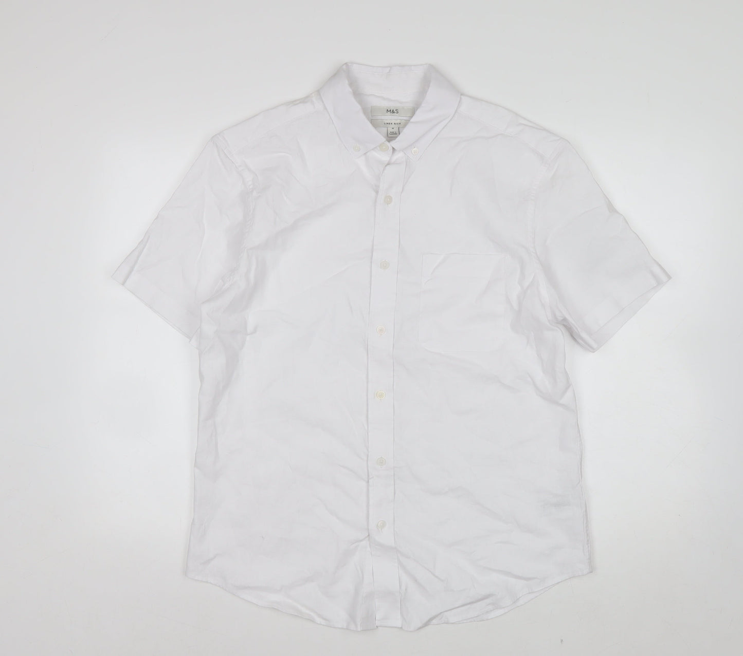 Marks and Spencer Men’s White Linen Blend Short Sleeve Button-Up Shirt M