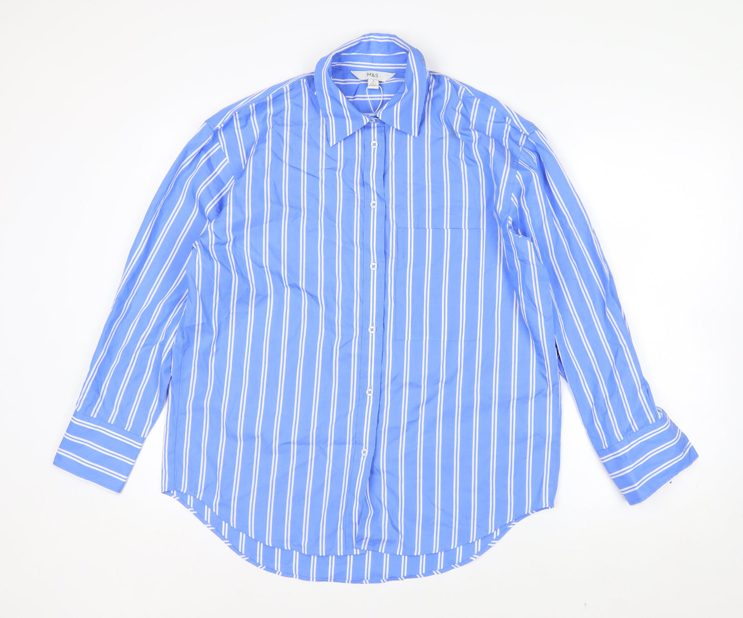 Marks and Spencer Womens Blue Striped Cotton Button-Up Shirt Size 8