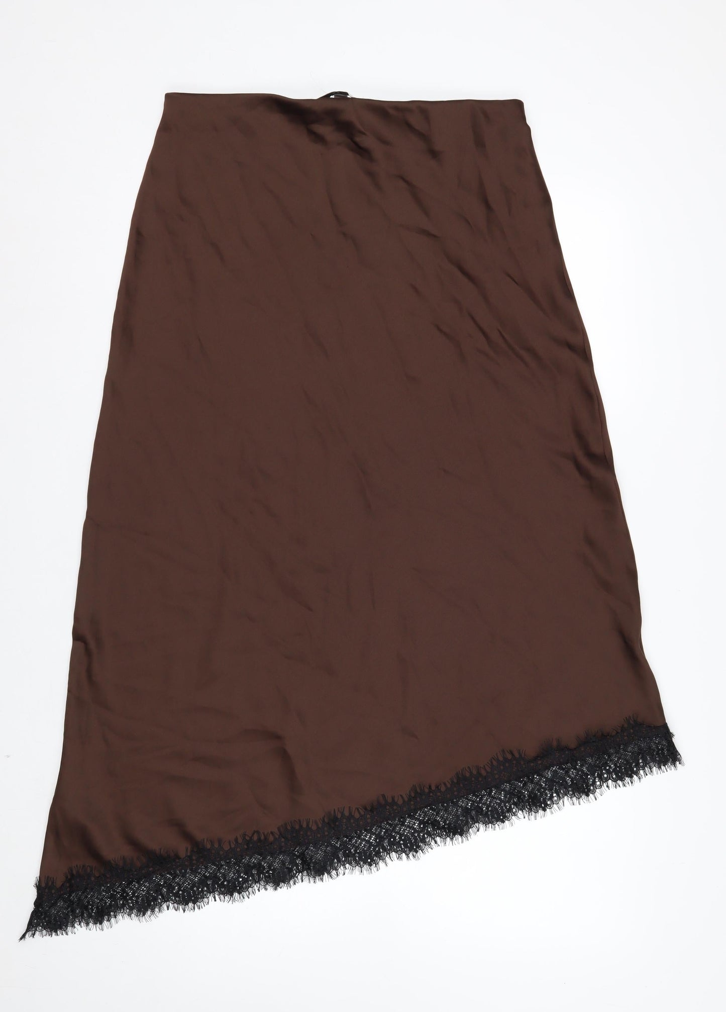 Marks and Spencer Women’s Brown Lace Trim Midi Satin Skirt Size 14