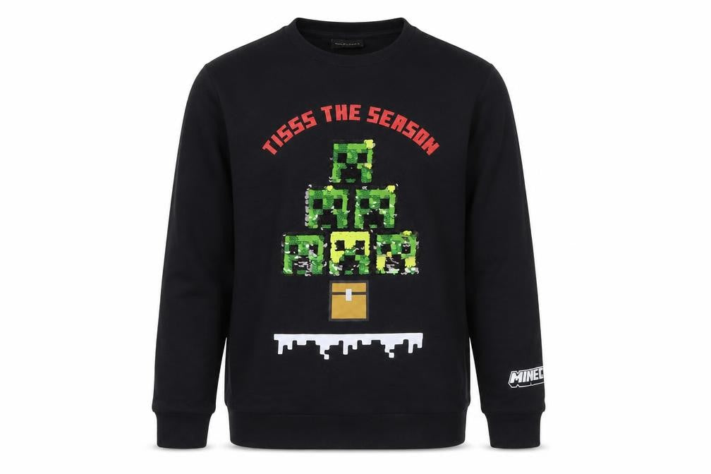 Front view of Minecraft boys’ black sequin christmas pullover sweatshirt 12-13 years