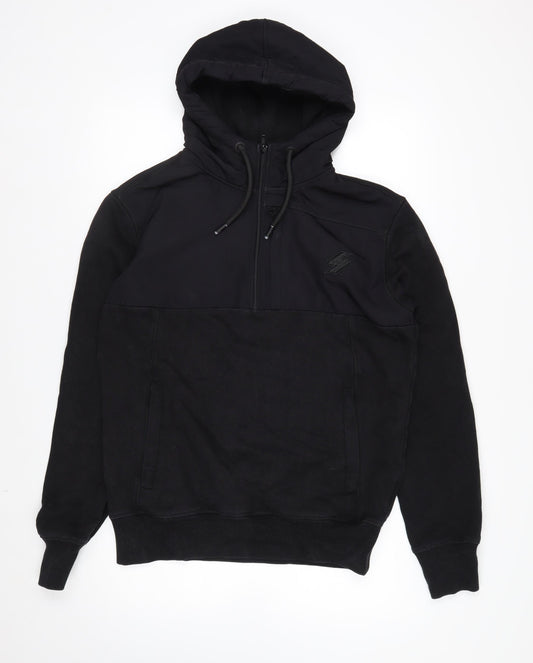 Superdry Men's Black L 1/2 Zip Hooded Sweatshirt Fleece Logo Hoodie