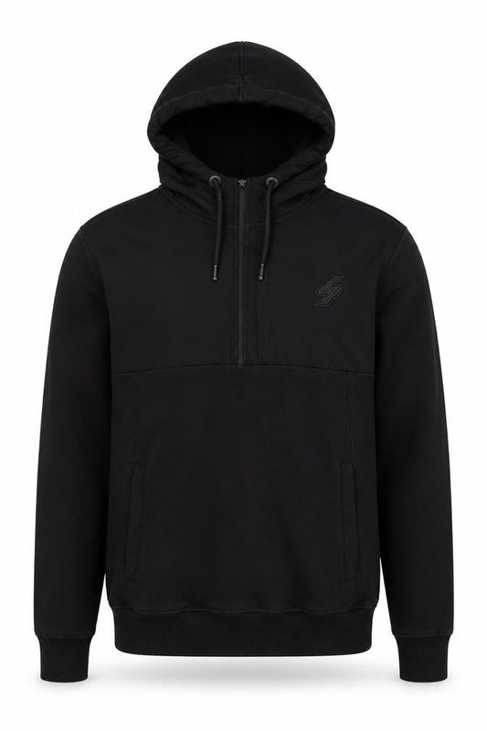 Superdry Men's Black L 1/2 Zip Hooded Sweatshirt Fleece Logo Hoodie