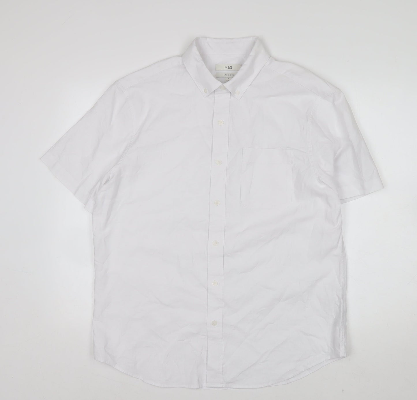 Marks and Spencer Men's White Linen Cotton Short Sleeve Button-Up Shirt L