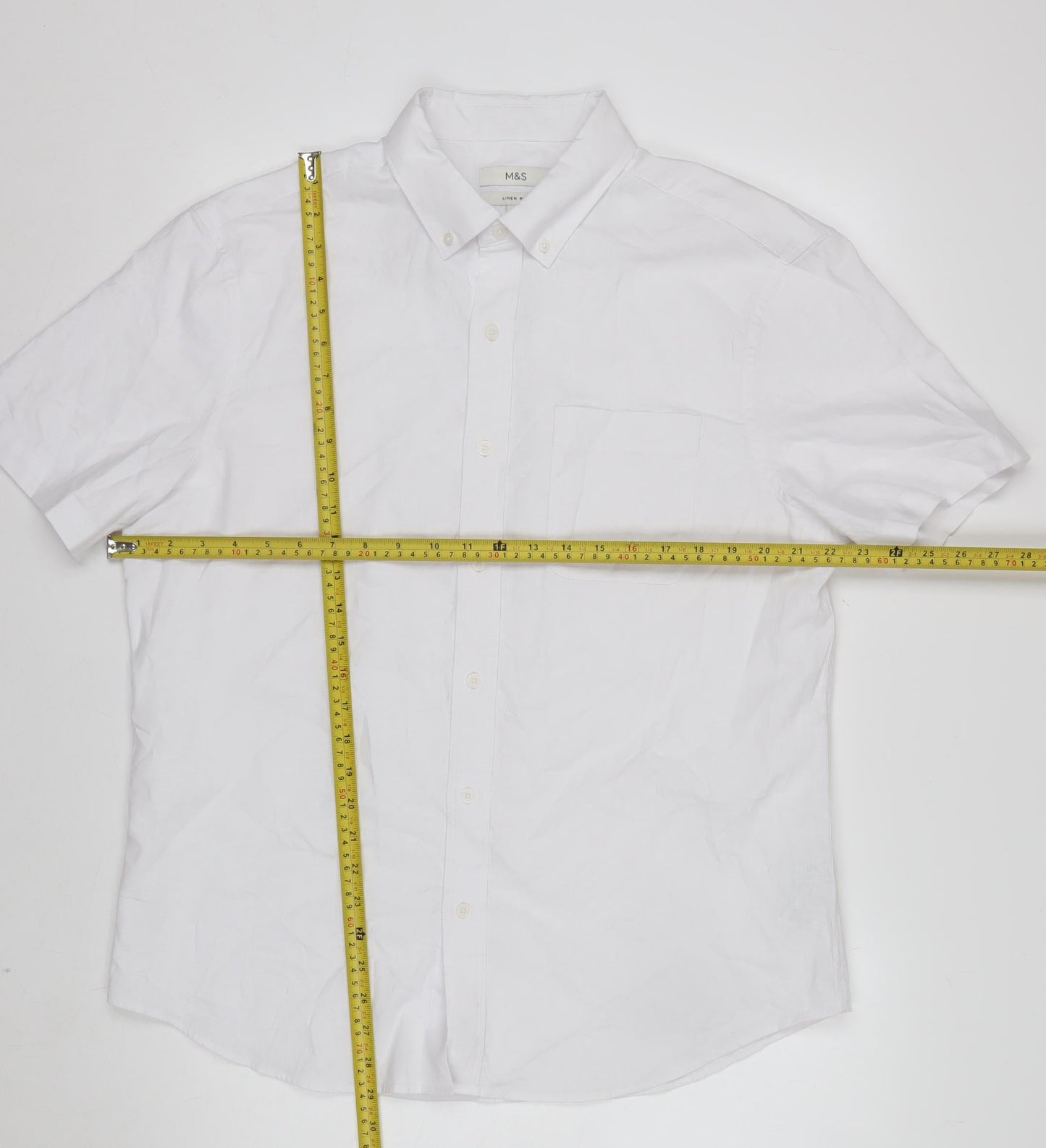 Marks and Spencer Men's White Linen Cotton Short Sleeve Button-Up Shirt L